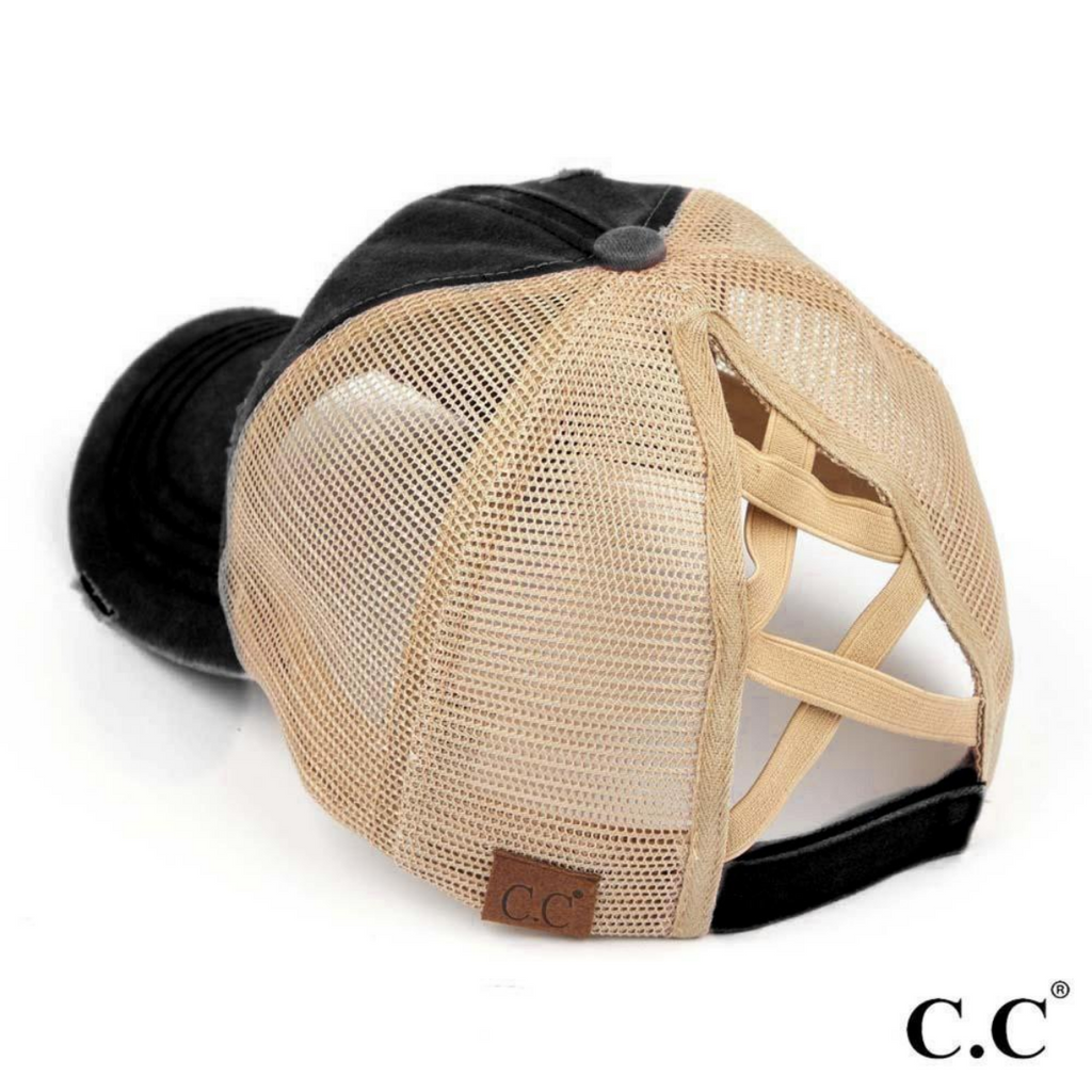 High Ponytail Hat Distressed Black Beige Your Heart s Desire